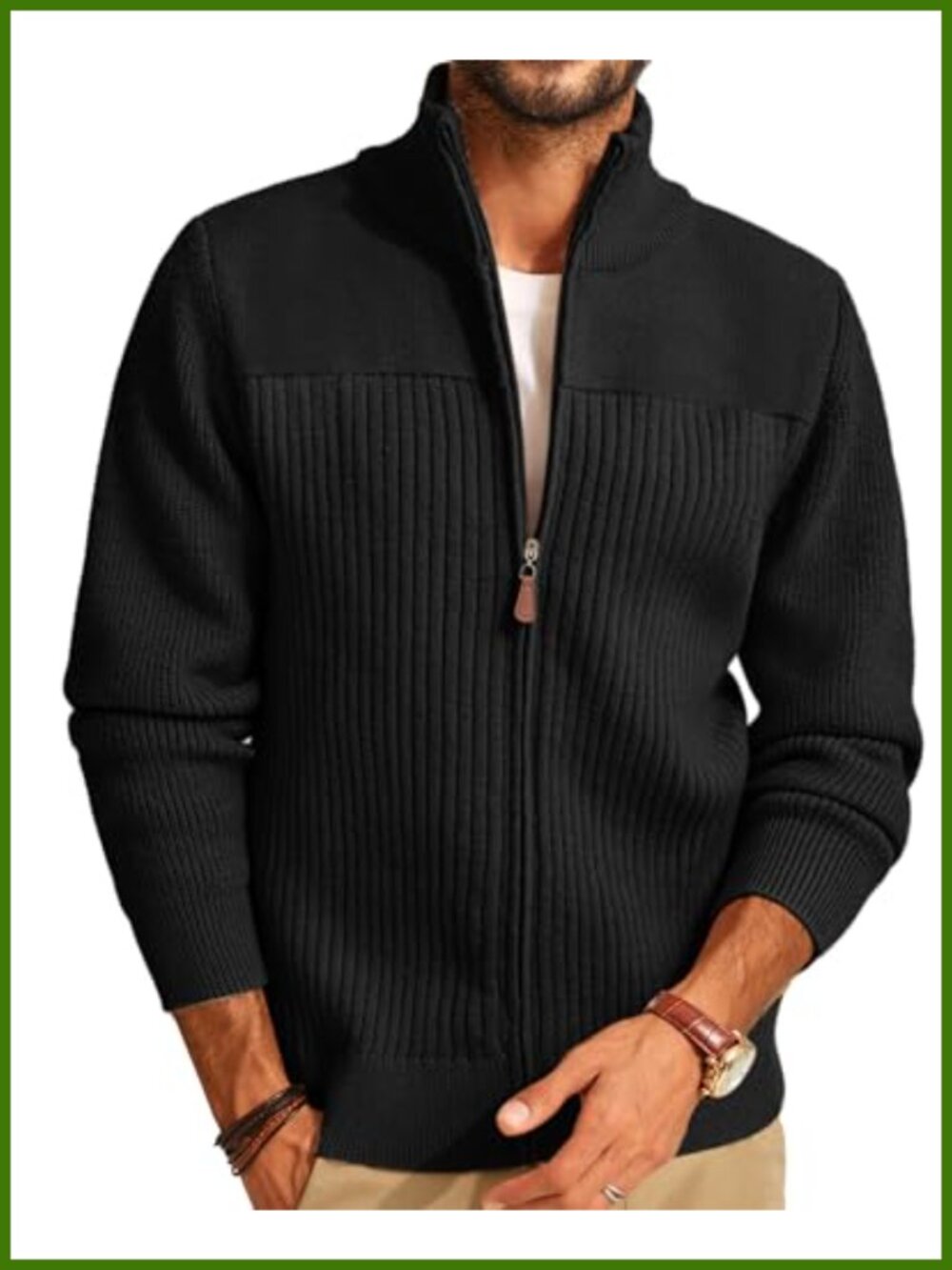 Men's Ribbed Knit Full Zip Cardigan Sweater Stand Collar Business Casual